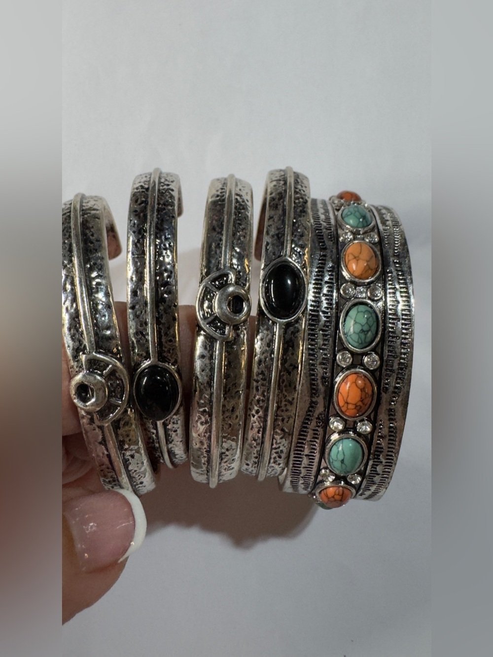 Shyanne Silver-Tone Cuff Bracelets with Turquoise & Coral Accents